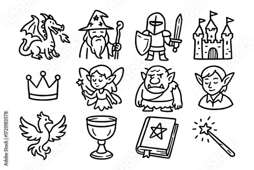 Fantasy icons set: dragons, wizards, knights, and castles in bold outline style