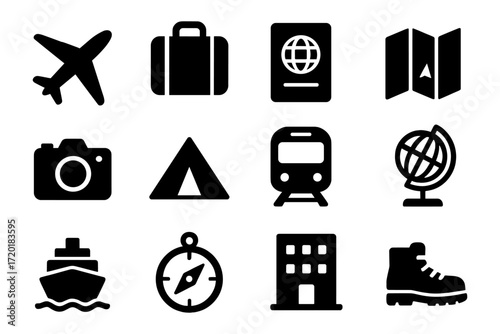 Essential travel icons collection featuring transportation and adventure symbols