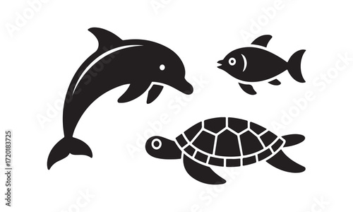 Ocean wildlife silhouettes of dolphin turtle and fish swimming