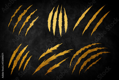 Cat scratch. Realistic gold animal claw mark isolated on black background. Lion or tiger flat scratch marks. Cracks from scratches of animal claws. Vector illustration.