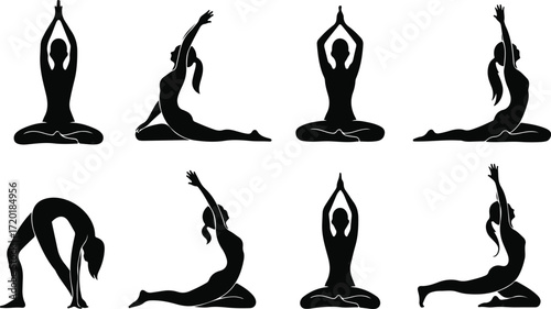 Silhouette of a person in a yoga pose on a clean white background