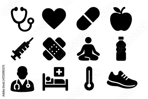 Healthcare icons set: stethoscope, heart, medicine, apple, syringe, and more