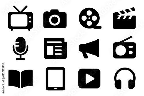 Media and entertainment icons: silhouette collection of classic audio visual symbols