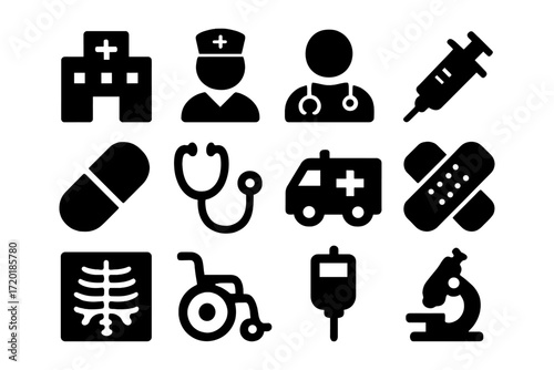 Healthcare icon set: medical symbols in bold silhouette for modern interfaces