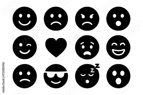 Simple black emoji set expressing various emotions in minimalist style