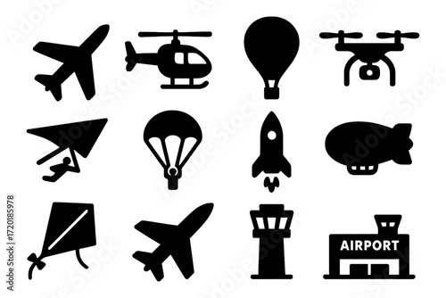 Silhouette icons of air travel and aviation elements in bold style