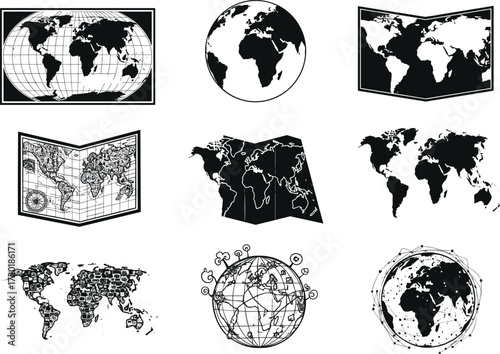 Stylized world map collection, abstract global cartography, modern geography icons, creative earth projections, artistic globe design, international travel concept