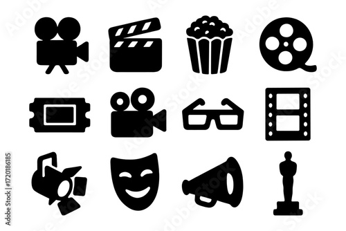 Silhouette icons of cinema and entertainment elements in bold design
