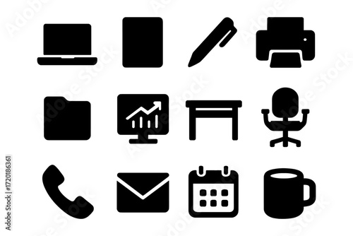 Black business icons collection: minimalistic office symbols for digital use