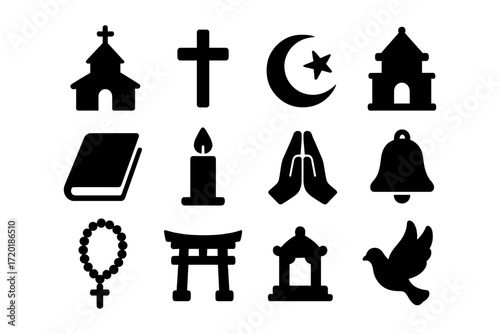 Black silhouette religious symbols collection featuring icons of worship and faith