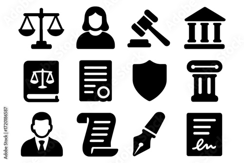 Silhouette icons of legal symbols: scales, gavel, and courthouse elements