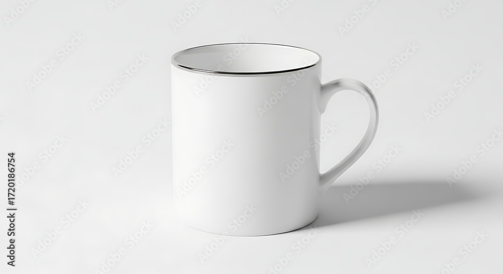 Fototapeta premium Minimalist White Mug with Silver Trim on a Clean Background