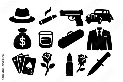 Classic noir elements: silhouette gangster icons collection