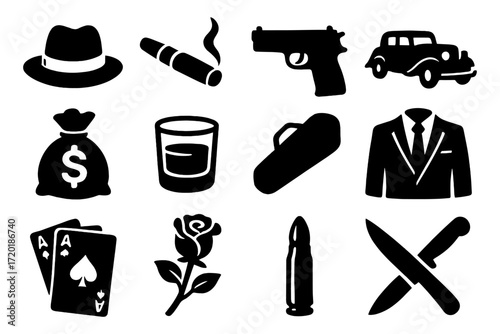 Gangster icons: classic noir symbols in bold silhouette style