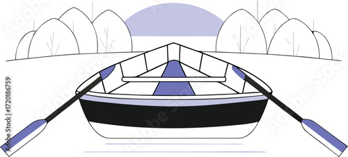 Rowboat on Water with Trees and Sun Illustration lake