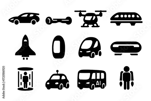 Futuristic urban transport icons featuring drones and autonomous vehicles