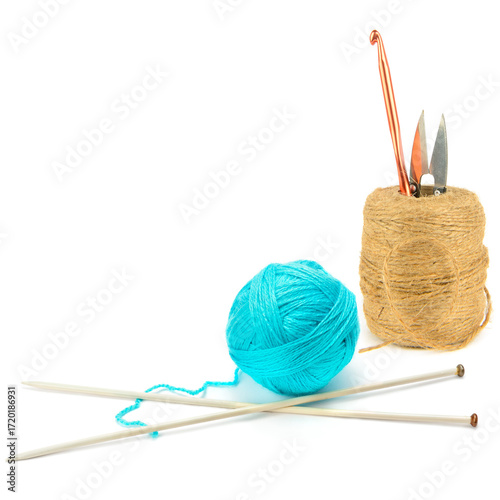 Creative hobby and handmade crafts with knitting supplies.