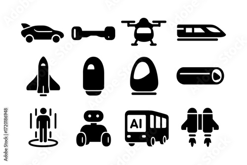 Futuristic transport icons: cars, drones, trains, and rockets in silhouette style