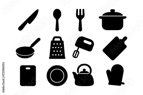 Essential kitchen tools collection in silhouette style for modern cooking