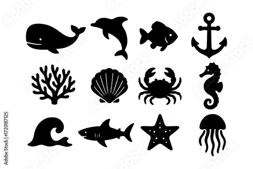 Marine life silhouette collection with sea creatures and nautical symbols