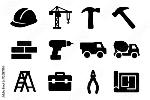 Construction icon set: silhouette tools and vehicles for building projects