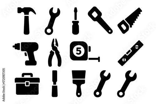 Silhouette collection of essential hand tools for diy and construction