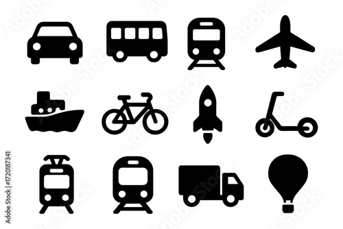Silhouette icons of transportation vehicles: car, bus, train, airplane, ship, bike, rocket, scooter, tram, truck, balloon