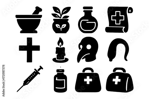 Medieval black plague icons set: silhouettes of medical tools and symbols