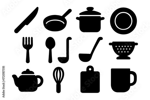 Kitchen essentials: silhouette of utensils and cookware for culinary design projects