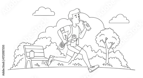 A black and white outline illustration of a young man jogging in a park while drinking water, representing a healthy and active lifestyle