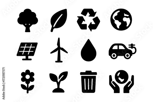 Sustainable energy and environment icons in simple black silhouette style