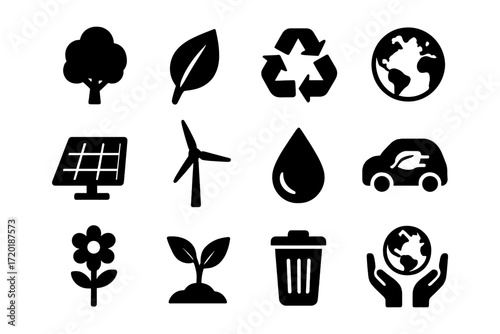 Eco-friendly icons set with solar, wind, and recycling symbols for sustainable living