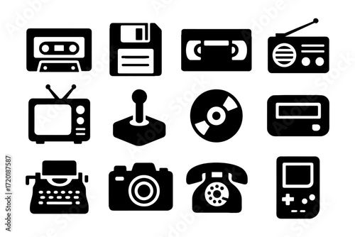 Retro technology icons collection: devices from the past in bold silhouette design