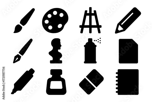 Artistic tools silhouette collection featuring brushes, palette, easel, and more