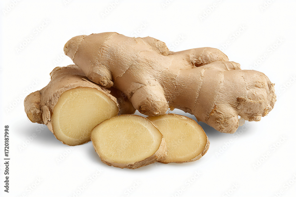 Fototapeta premium Fresh ginger root with sliced section isolated on white background, organic spice and healthy seasoning, Natural ginger rhizome with cut slices for cooking, herbal medicine and culinary use closeup