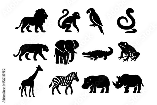 Silhouette set of wild animals: lions, elephants, monkeys, and more