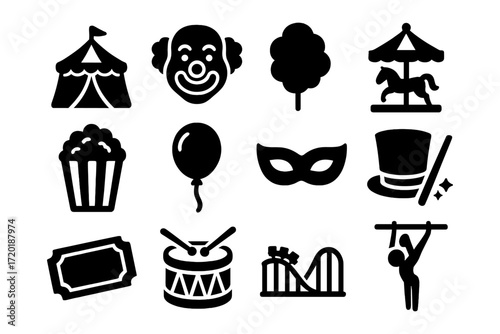 Silhouette icons of circus fun: tent, clown, carousel, popcorn, more