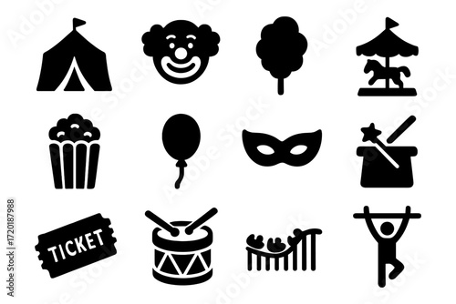 Circus icons collection: silhouette style featuring clown, carousel, and more