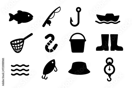 Fishing gear icons set: equipment silhouette collection for outdoor enthusiasts