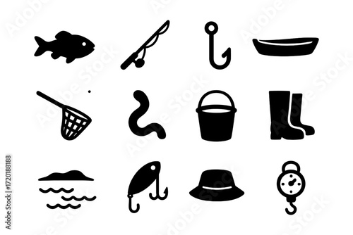 Fishing icons collection: silhouette designs of gear and equipment