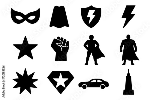 Superhero icons set: silhouette style with capes, masks, and symbols