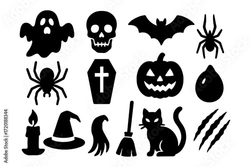 Spooky halloween icons with ghosts, pumpkins, and bats