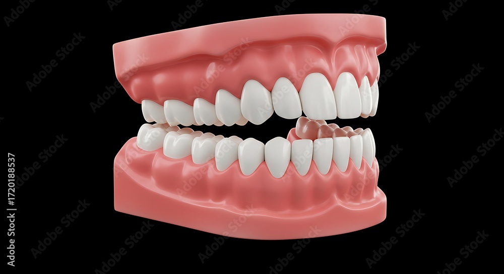 Obraz premium Human jaw model with teeth on a black background concept image
