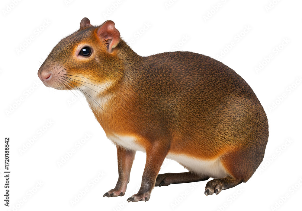 Fototapeta premium Side view of a small, furry animal with reddish-brown fur and a white underbelly.