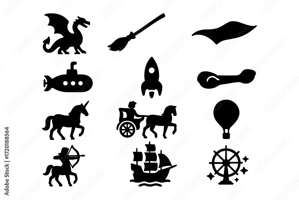 Naklejka premium Fantasy silhouettes: unicorns, dragons, rockets, and more in bold black icons