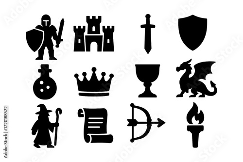 Medieval icons set featuring knight, castle, dragon, and more in bold silhouette style