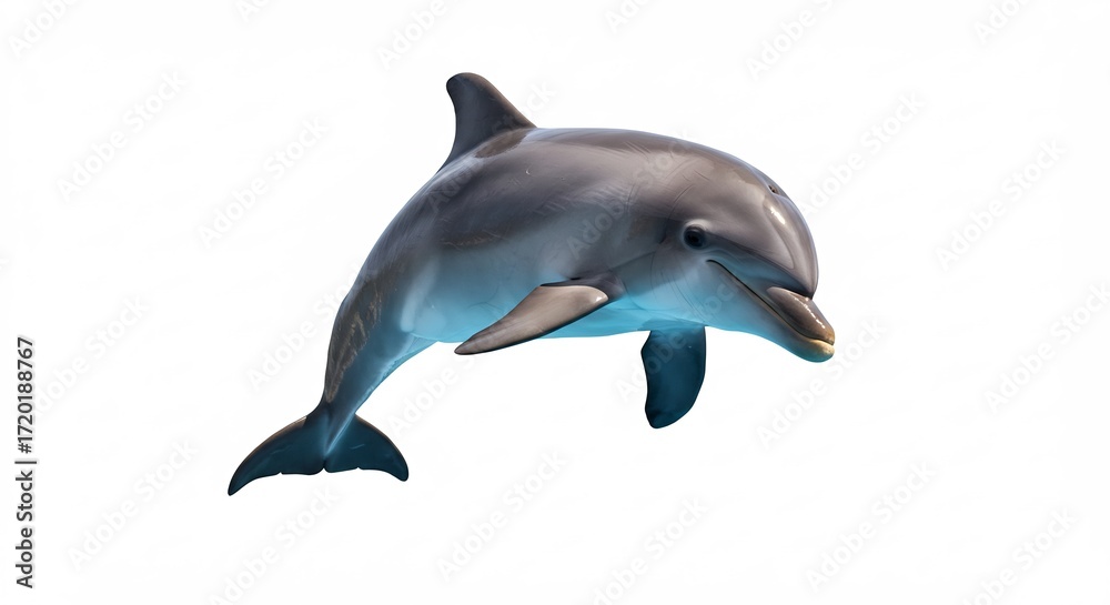 Fototapeta premium Playful dolphin leaps gracefully through clear water against bright white background. AI Generated