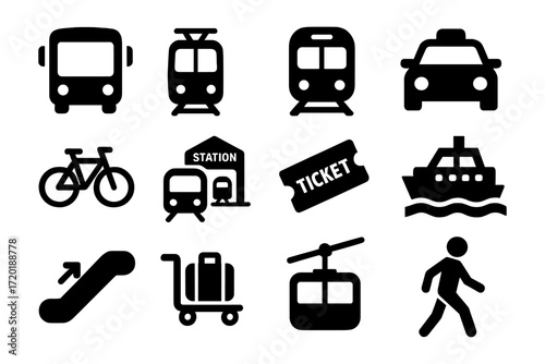 Transport icons set: bus, train, taxi, bicycle, and more in bold silhouette style