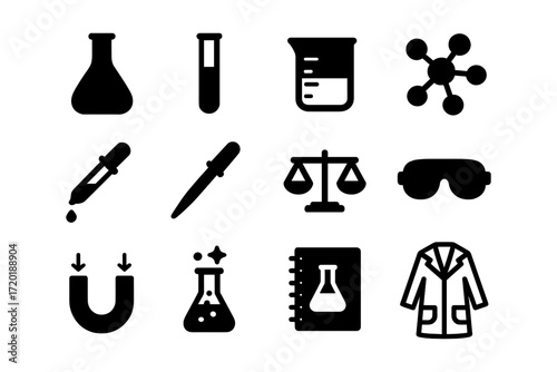 Science icons set: laboratory equipment in bold black silhouette style