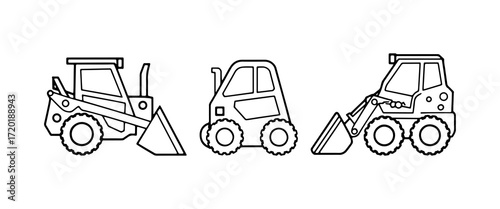 Construction vehicles lined up showcasing different types and uses in a minimalistic design style